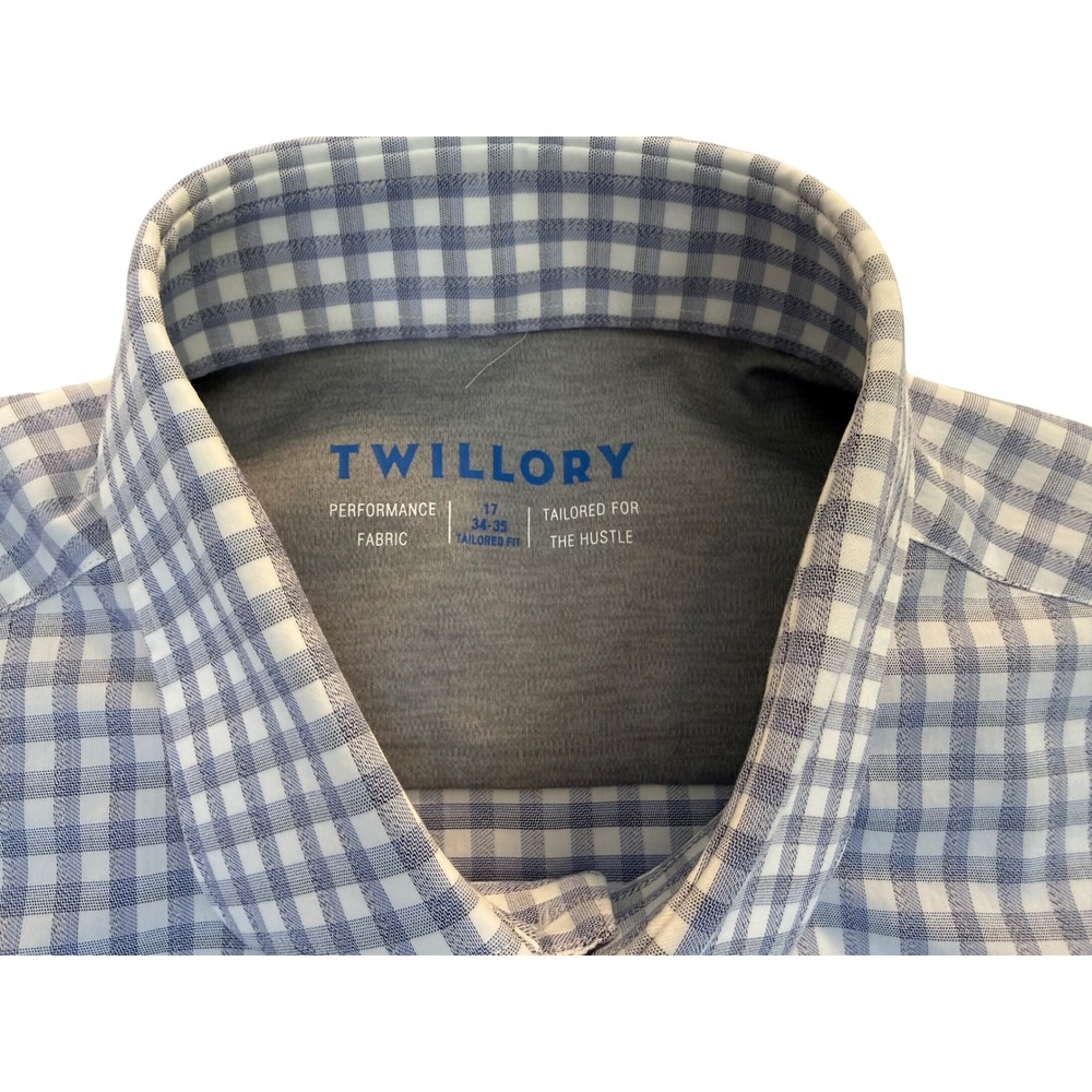 TWILLORY‎ Performance Tailored Fit Dress Shirt Blue/White Check Men's Sz L 34/35 - Picture 4 of 11